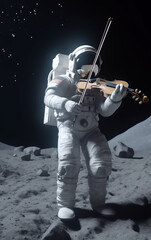 Wall Mural - astronaut standing on a lunar landscape skillfully playing a violin, blending the serenity of space 