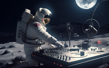 Wall Mural - astronaut dj at a cosmic setup, skillfully mixing tracks with earth glowing in the background, repre