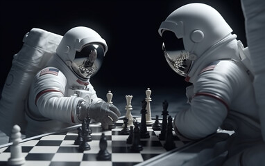 Wall Mural - two astronauts play chess on the moon. two astronauts engrossed in a strategic game of chess amidst 