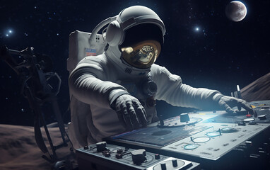 Wall Mural - astronaut with a reflective golden visor deftly handling a dj mixer under a starlit sky, merging the