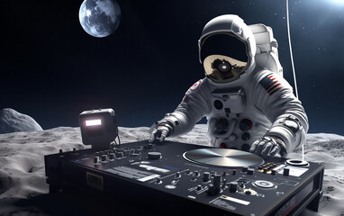 Wall Mural - astronaut dj spinning records on a turntable set against the lunar surface with earth in the distanc