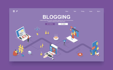 Leinwandbilder - Blogging concept 3d isometric landing page template. People write articles, recording video and create different content for posts in online blog. Vector illustration in isometry graphic design.