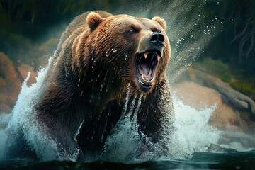 Wall Mural - foaming at the mouth: an enraged bear in attack mode generative ai