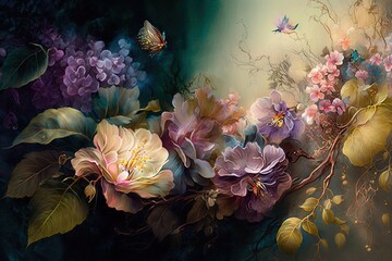 Wall Mural - Fragrant Garden Abloom Under the Glimmer of Diaphanous Silk Generative AI