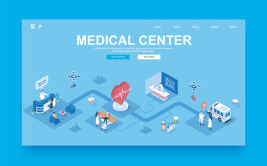 Poster - Medical center concept 3d isometric landing page template. People visit hospital, receive consultations from therapist, do tests in laboratory. Vector illustration in isometry graphic design.