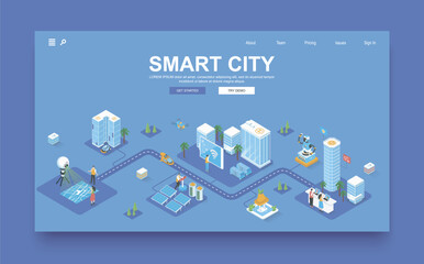 Poster - Smart city concept 3d isometric landing page template. People live in skyscrapers with smart automation system and futuristic infrastructure. Vector illustration in isometry graphic design.