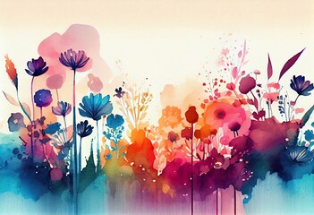 Watercolor Illustration of a Colorful Flower Panorama Background. Generative AI