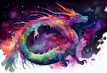 Wall Mural - watercolor illustration of a mesmerizing cosmos dragon with universe and colorful galaxies inside it