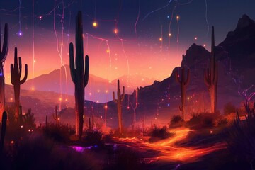 digital painting of a desert landscape at dusk during Cinco de Mayo created with Generative AI technology