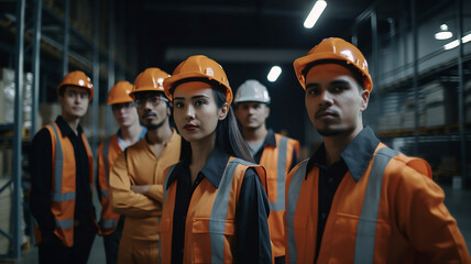 Group of workers man and woman wear yellow hard hat stand at construction sites , Labour's dayGenerative AI