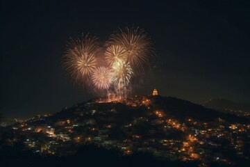 Cinco de Mayo fireworks display over a picturesque Mexican landscape created with Generative AI technology