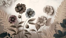 3d Mural Wallpaper. Painting Flowers And Leaves On A Light Texture Drawing Background. For Wall Decor, Generative AI