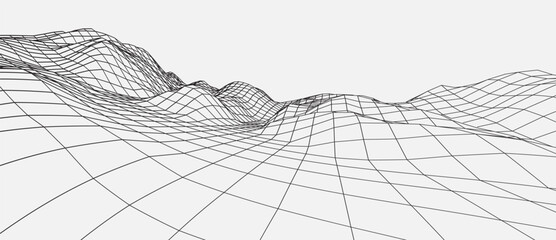 Wall Mural - Abstract wireframe background. 3D grid technology illustration landscape. Digital Terrain Cyberspace in Mountains with valleys. Data Array. Black on white. Vector Illustration.