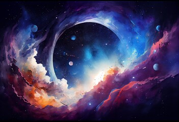 Wall Mural - watercolor illustration of a large panoramic view of a colorful dark blue nebula in space. cosmic ba