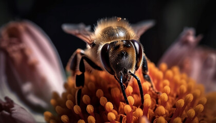 Poster - Busy honey bee gathering pollen from flower generated by AI