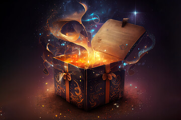 Wall Mural - side view at christmas gift box on wooden table. generative ai