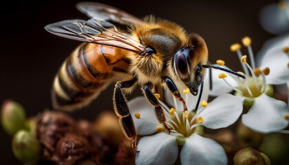 Sticker - Busy bee collecting yellow pollen on flower head generated by AI