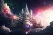 Magical futuristic citadel flying in space created with Generative AI 