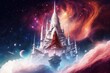 Magical futuristic citadel flying in space created with Generative AI 