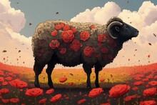 Adorable Black Sheep In Red Poppies Created With Generative AI 