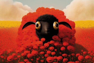 Adorable black sheep in red poppies created with Generative AI 