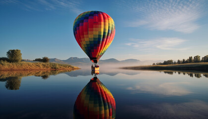 Canvas Print - Hot air balloon floats over vibrant landscape generated by AI