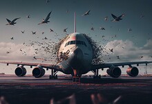Flock Of Birds In Front Of Airplane At Airport. Generative AI