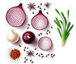 Red Onion and Spices Isolated on White Background Top View - Post-processed Generative AI