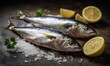 Fresh sardines, lemon and salt on kitchen, close up shot, generative AI