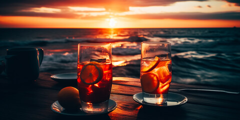 Wall Mural - Two cocktail glasses at the oceanfront table