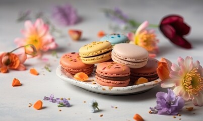 Wall Mural - Tasty macarons and flower on light background, generative AI