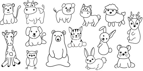  Cute animals cartoon doodle collection in different poses in free hand drawing vector illustration style.