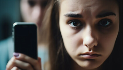 Sticker - Depressed young woman text messaging on phone outdoors generated by AI