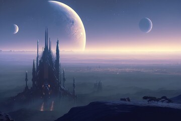 City of the future with moon created with Generative AI 