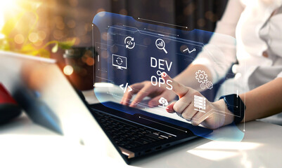 engineer working on laptop with virtual screen. it operations, high software quality and software de