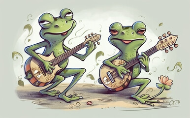 Very cute frog band. The frogs make music very cheerfully in their habitat by the lake. Cartoon imitation illustration. AI generated illustration for a cheerful children's book.