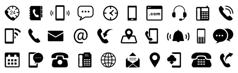 Aufkleber - Contact us black icon collection. Phone, notebook, headphones, map, mail. Set of contact us icons