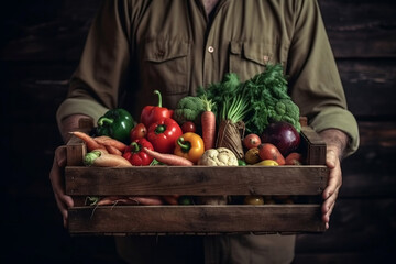 Wall Mural - The farmer is holding a wooden box with fresh vegetables. Basket with vegetables cabbage, carrot, cucumber, radish, corn and pepper .ai generative