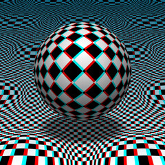 Wall Mural - Checkered sphere floats above a distorted patterned surface. Psychedelic vector optical art illustration in red cyan anaglyph style.