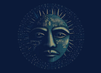 ASCII Art style Illustration of sun over blue background. Generative AI