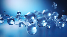 Abstract Glass Molecules Floating In Blue Fluid Background With Selective Focus - Environment, Water Or Clean Energy Concept