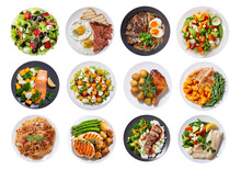 Set Of Plates Of Food Isolated On Transparent Background, Top View