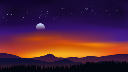 Wall Mural - Mountain night or sunset illustration. Vibrant colorful sky over mountain range with moonrise and stars