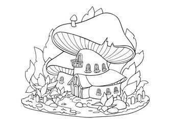 Canvas Print - Coloring page for book with cartoon outline fairy house mushroom. Printable education paint colouring template. Vector activity drawing worksheet with fairytale home.