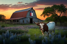 Texas Countryside Landscape With A Longhorn Cow, A Barn With A The Lone Star Texan Flag And Bluebonnets