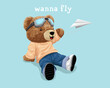 Vector illustration of cute teddy bear wearing pilot goggles with paper plane