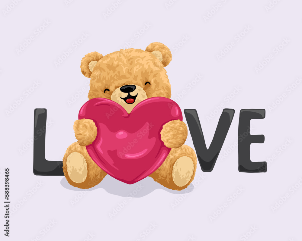 Vector illustration of cute teddy bear hugging love heart Stock Vector ...