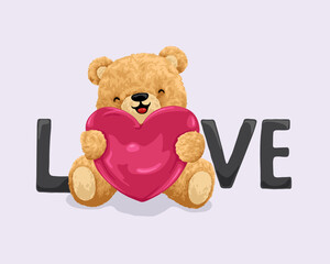 vector illustration of cute teddy bear hugging love heart