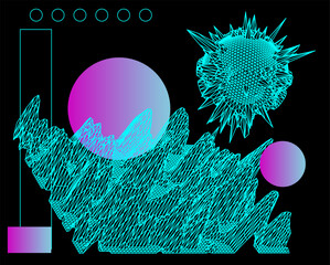 Poster - Sci-fi vaporwave 3D landscape made of a polygonal distorted grid. Synthwave hi-tech style background. 