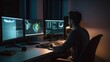 © Maksym - A graphic designer from behind working on his computer with creative artwork and design displayed on the screen Generative AI